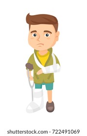 Caucasian sad injured boy with broken arm and leg in gypsum. Full length of upset injured little boy standing on crutches. Vector sketch cartoon illustration isolated on white background.