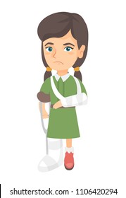 Caucasian sad injured girl with broken arm and leg in gypsum. Full length of upset injured little girl standing on crutches. Vector sketch cartoon illustration isolated on white background.