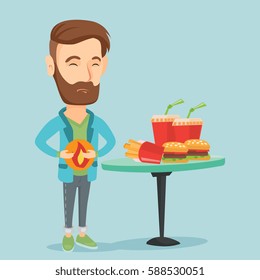 Caucasian sad man having stomach ache from heartburn. Young man suffering from heartburn. Upset man having stomach ache after fast food. Vector flat design illustration. Square layout.