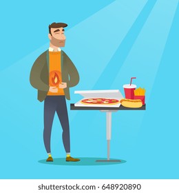 Caucasian sad man having a stomach ache from heartburn. Young hipster man suffering from a heartburn. Upset man having a stomach ache after fast food. Vector flat design illustration. Square layout.