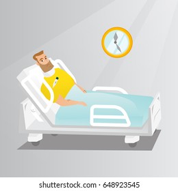 Caucasian sad man wearing a cervical collar and suffering from a neck pain. Patient with an injured neck lying in bed. Young man with a neck brace. Vector flat design illustration. Square layout.