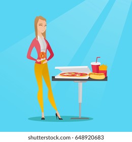 Caucasian sad woman having a stomach ache from heartburn. Young woman suffering from a heartburn. Upset woman having a stomach ache after fast food. Vector flat design illustration. Square layout.