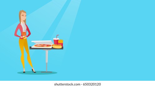 Caucasian sad woman having a stomach ache from heartburn. Young woman suffering from a heartburn. Upset woman having a stomach ache after fast food. Vector flat design illustration. Horizontal layout.