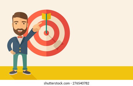 A Caucasian salesman happy standing while his hand pointing to the arrow from target pad shows that he hit his target sales. Business concept. A Contemporary style with pastel palette, soft beige