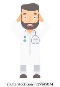 Caucasian scared doctor screaming. Frightened hipster medical doctor with stethoscope. Scared doctor in white coat clutching his head. Vector flat design illustration isolated on white background.