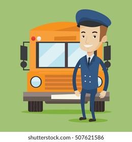 Caucasian school bus driver standing in front of yellow bus. Smiling school bus driver in uniform. Cheerful school bus driver. Happy school bus driver. Vector flat design illustration. Square layout.