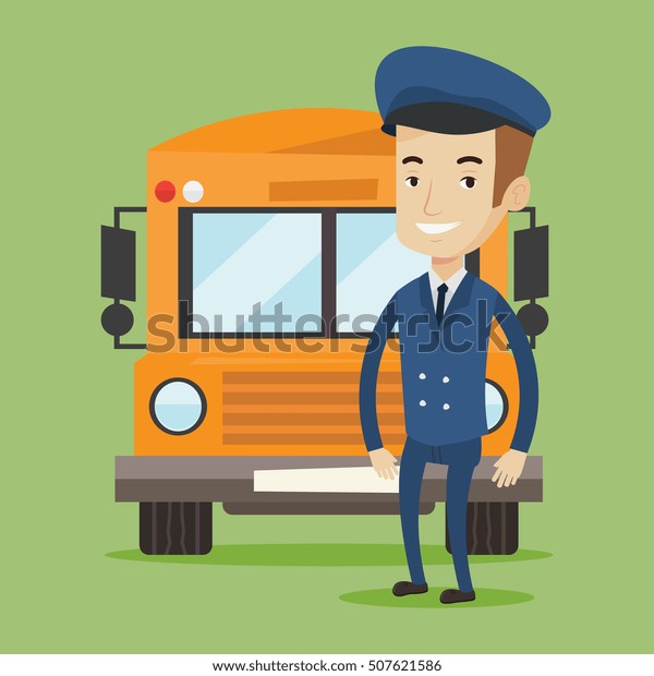 黄色いバスの前に立つ白人のスクールバスの運転手 制服を着たスクールバスの運転手に笑顔 明るいスクールバスの運転手 スクールバスの運転手さん ベクターフラットデザインイラスト 正方形のレイアウト のベクター画像素材 ロイヤリティフリー