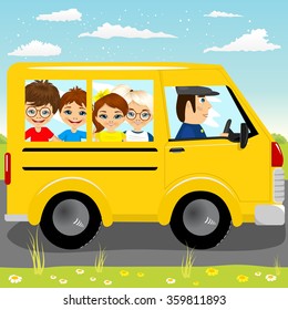 caucasian school kids riding a schoolbus