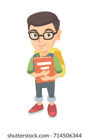 Caucasian schoolboy with backpack and textbook. Smiling happy schoolboy in glasses hugging a textbook. Vector sketch cartoon illustration isolated on white background.