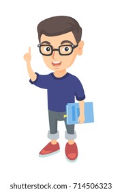 Caucasian schoolboy in glasses holding textbook and pointing his forefinger up. Smiling schoolboy in glasses pointing forefinger up. Vector sketch cartoon illustration isolated on white background.