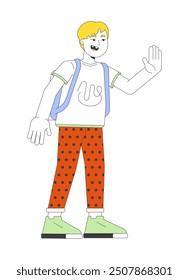 Caucasian schoolboy goodbye waving 2D cartoon character. Hello gesturing blond boy with backpack isolated flat vector person white background. Back to elementary school color spot illustration