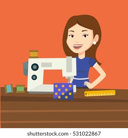 Caucasian seamstress working in a cloth factory. Happy seamstress sewing on an industrial sewing machine. Seamstress using sewing machine at workshop. Vector flat design illustration. Square layout.