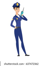 Caucasian security guard talking on walkie-talkie radio. Female security guard holding walkie-talkie radio. Security guard using radio. Vector flat design illustration isolated on white background.