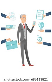 Homem de negócios caucasiano de trabalho duro cercado por muitas mãos que lhe dão muito trabalho. Conceito de trabalho árduo. Ilustração de desenho plano de vetor desenho animado isolado no fundo branco.