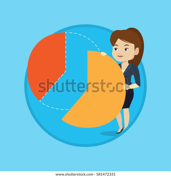 Caucasian shareholder taking her share of\
financial pie chart. Shareholder getting share of profit. Business\
woman sharing profit. Vector flat design illustration in the circle\
isolated on\
background.