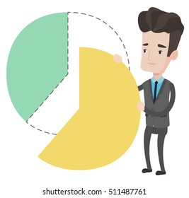 Caucasian shareholder taking his share of financial pie chart. Young shareholder getting his share of profit. Businessman sharing profit. Vector flat design illustration isolated on white background.
