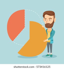 Caucasian shareholder taking his share of financial pie chart. Shareholder getting his share of profit. Hipster shareholder with beard sharing profit. Vector flat design illustration. Square layout.