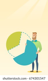Caucasian shareholder taking his share of financial pie chart. Young shareholder getting his share of business profit. Businessman sharing profit. Vector flat design illustration. Vertical layout.