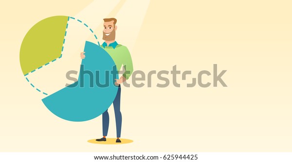 Caucasian shareholder taking his share of\
financial pie chart. Young shareholder getting his share of\
business profit. Businessman sharing profit. Vector flat design\
illustration. Horizontal\
layout.