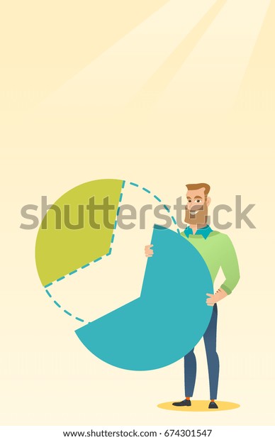 Caucasian shareholder taking his share of\
financial pie chart. Young shareholder getting his share of\
business profit. Businessman sharing profit. Vector flat design\
illustration. Vertical\
layout.