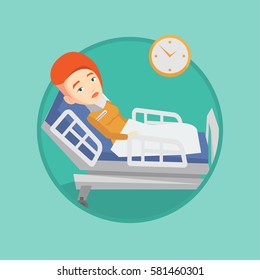 Caucasian sick woman with fever laying in bed. Sick woman measuring temperature with thermometer. Sick woman suffering from flu virus. Vector flat design illustration in circle isolated on background.