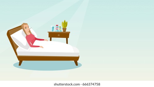 Caucasian sick woman with fever laying in bed. Sick woman measuring temperature with thermometer in mouth. Sick woman suffering from flu virus. Vector flat design illustration. Horizontal layout.