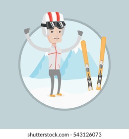 Caucasian skier standing with skis on the background of mountain. Young man skiing. Skier resting in mountains during sunny day. Vector flat design illustration in the circle isolated on background.