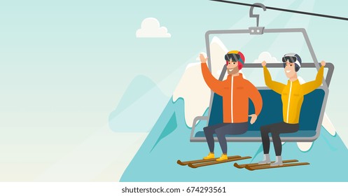 Caucasian skiers sitting on ski elevator with raised hands. Skiers using cableway at winter ski resort. Winter sport and leisure activity concept. Vector flat design illustration. Horizontal layout.