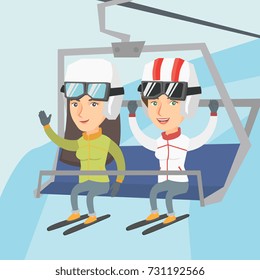 Caucasian skiers sitting on ski elevator with raised hands. Happy skiers using a cableway at winter ski resort. Winter sport and leisure activity concept. Vector cartoon illustration. Square layout.