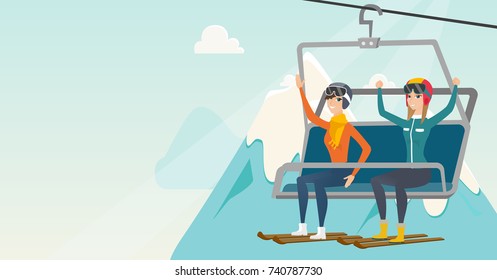 Caucasian skiers sitting on ski elevator with raised hands. Skiers using cableway at winter ski resort. Winter sport and leisure activity concept. Vector flat design illustration. Horizontal layout.