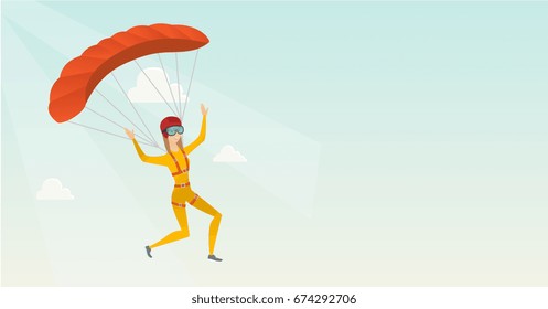 Caucasian skydiver flying with a parachute. Young happy skydiver descending with a parachute in the sky. Sport and leisure activity concept. Vector flat design illustration. Horizontal layout.