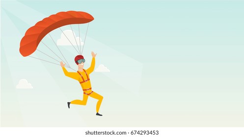 Caucasian skydiver flying with a parachute. Young happy skydiver descending with a parachute in the sky. Sport and leisure activity concept. Vector flat design illustration. Horizontal layout.