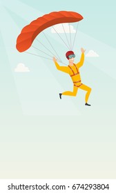 Caucasian skydiver flying with a parachute. Young happy skydiver descending with a parachute in the sky. Sport and leisure activity concept. Vector flat design illustration. Vertical layout.