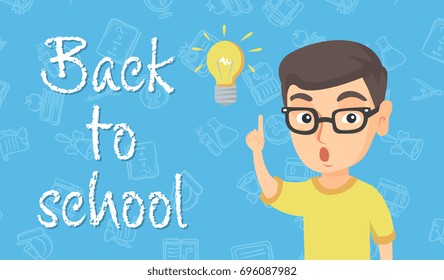 Caucasian smart schoolboy having a bright idea. Clever boy with open mouth pointing forefinger at glowing lightbulb. Vector sketch cartoon illustration with back to school text. Horizontal layout.