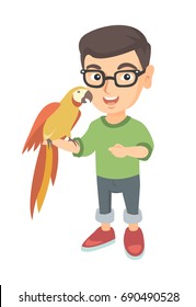 Caucasian smiling boy in glasses playing with his pet parrot. Full length of little boy holding parrot on his hand. Vector sketch cartoon illustration isolated on white background.