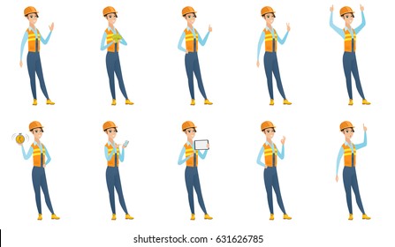 Caucasian smiling builder in hard hat showing ok sign. Young cheerful builder making ok sign. Successful builder gesturing ok sign. Set of vector flat design illustrations isolated on white background