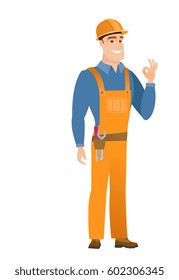 Caucasian smiling builder showing ok sign. Young cheerful builder making ok sign. Successful happy builder gesturing ok sign. Vector flat design illustration isolated on white background