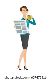 Caucasian smiling business woman holding cup of coffee and newspaper. Young business woman drinking coffee and reading news in newspaper. Vector flat design illustration isolated on white background.
