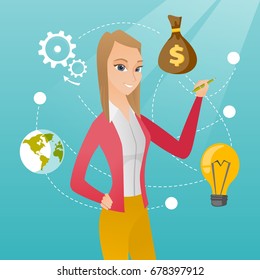 Caucasian smiling business woman writing on a virtual screen. Young cheerful business woman drawing a business diagram on a virtual screen. Vector cartoon illustration. Square layout.