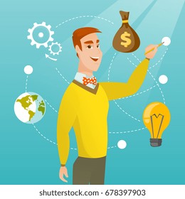 Caucasian smiling businessman writing on a virtual screen. Young cheerful businessman drawing a business diagram on a virtual screen. Vector cartoon illustration. Square layout.