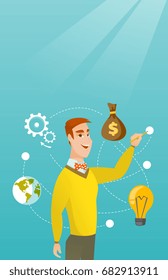 Caucasian smiling businessman writing on a virtual screen. Young cheerful businessman drawing a business diagram on a virtual screen. Vector cartoon illustration. Vertical layout.