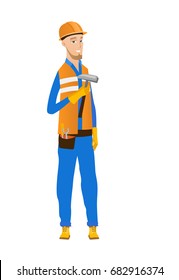 Caucasian smiling carpenter in hard hat holding a hammer in hand. Full length portrait of young carpenter with a hammer. Vector flat design illustration isolated on white background.