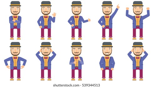 Caucasian smiling circus performer showing ok sign. Cheerful circus performer making ok sign. Circus performer gesturing ok sign. Set of vector flat design illustrations isolated on white background.