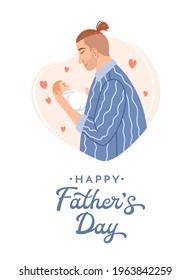 Caucasian smiling dad with small beautiful newborn baby on heart background. Happy Fathers day decoration card. Flat man with cute child. Parenthood relationship. Childhood family vector illustration.