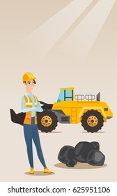 Caucasian smiling female miner in hard hat standing on the background of a big excavator. Confident female miner with crossed arms standing near coal. Vector flat design illustration. Vertical layout.