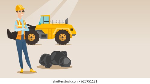 Caucasian smiling female miner in hard hat standing on the background of big excavator. Confident female miner with crossed arms standing near coal. Vector flat design illustration. Horizontal layout.