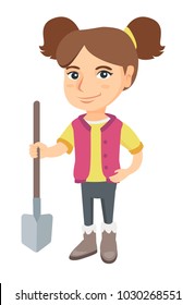 Caucasian smiling girl holding a shovel. Full length of little girl farmer in jeans standing with a shovel. Vector sketch cartoon illustration isolated on white background.