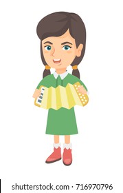 Caucasian smiling girl playing the accordion. Full length of little cheerful girl with the accordion. Vector sketch cartoon illustration isolated on white background.