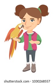 Caucasian smiling girl playing with her pet parrot. Full length of little girl holding parrot on her hand. Vector sketch cartoon illustration isolated on white background.
