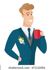 Caucasian smiling groom holding a cup of coffee. Young groom in a wedding suit drinking coffee. Happy groom with a cup of coffee. Vector flat design illustration isolated on white background.